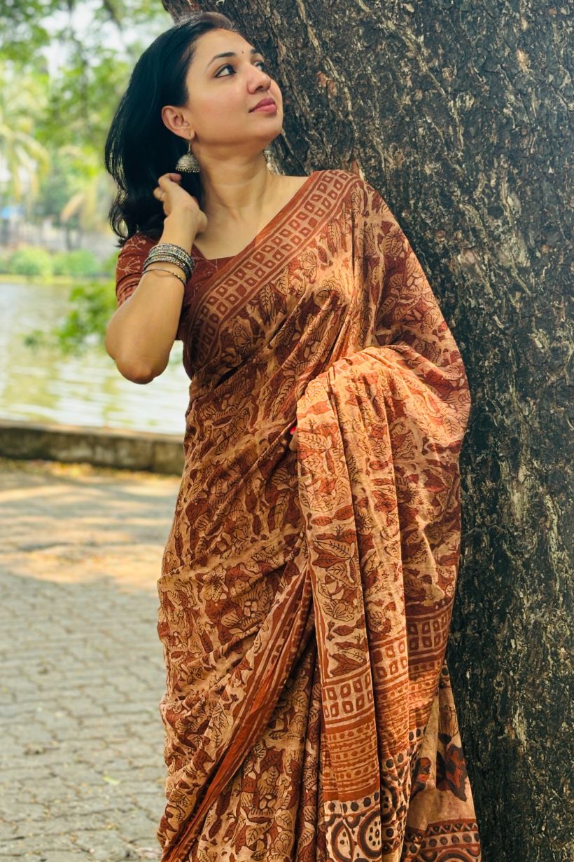 Ajrakh Vanaspati Brown Mul saree