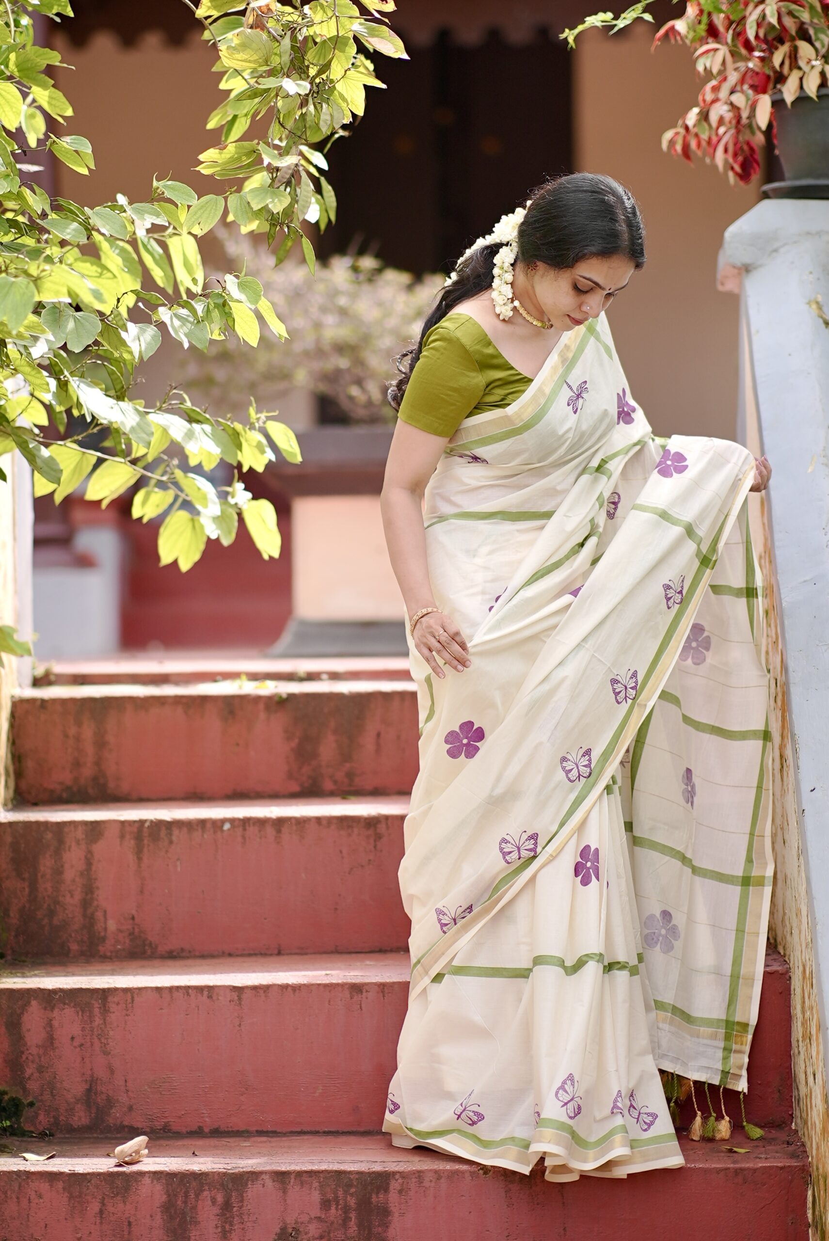 Kerala Kasavu Green Cotton Saree