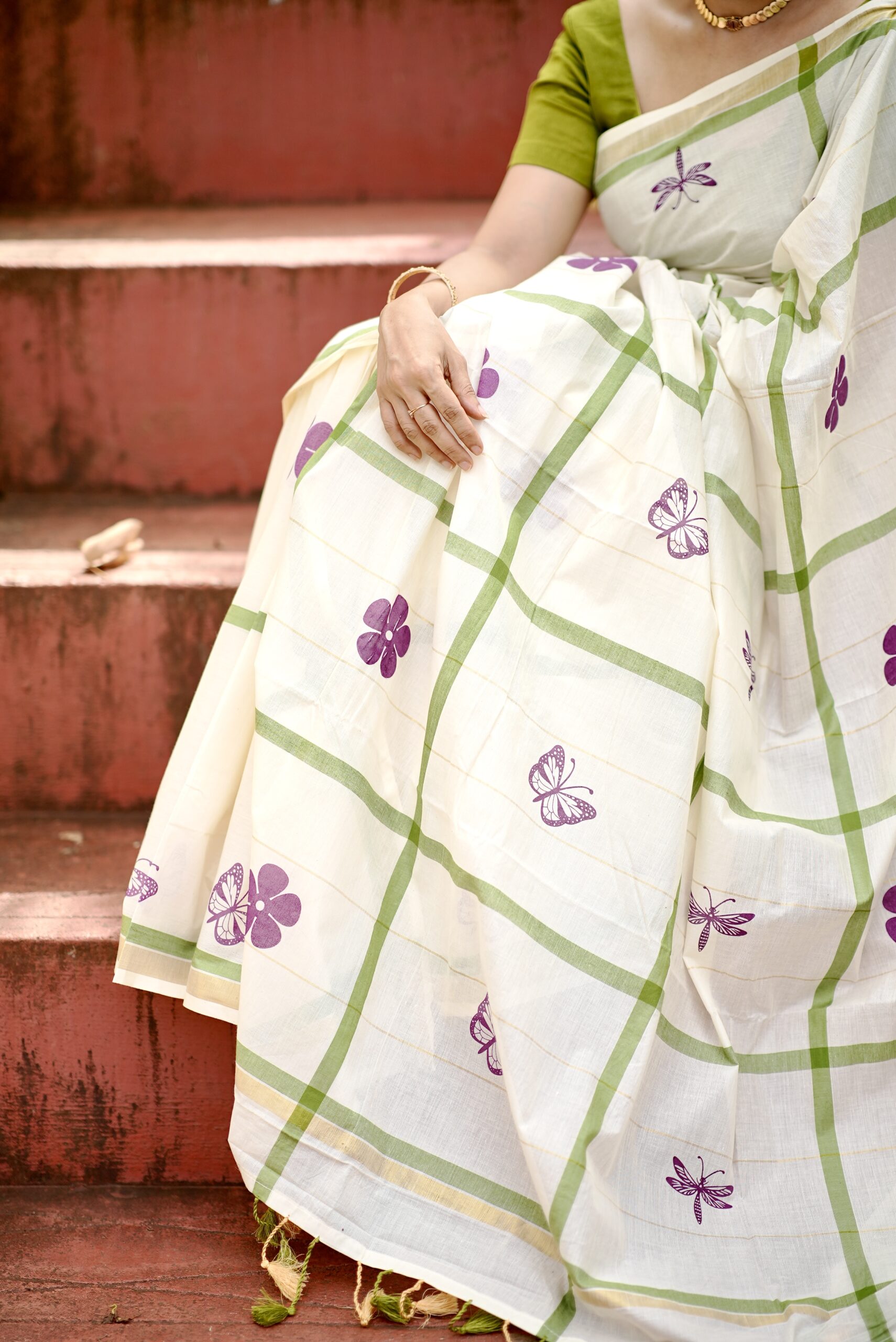 Kerala Kasavu Green Cotton Saree