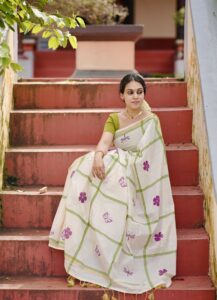 Kerala Kasavu Green Cotton Saree
