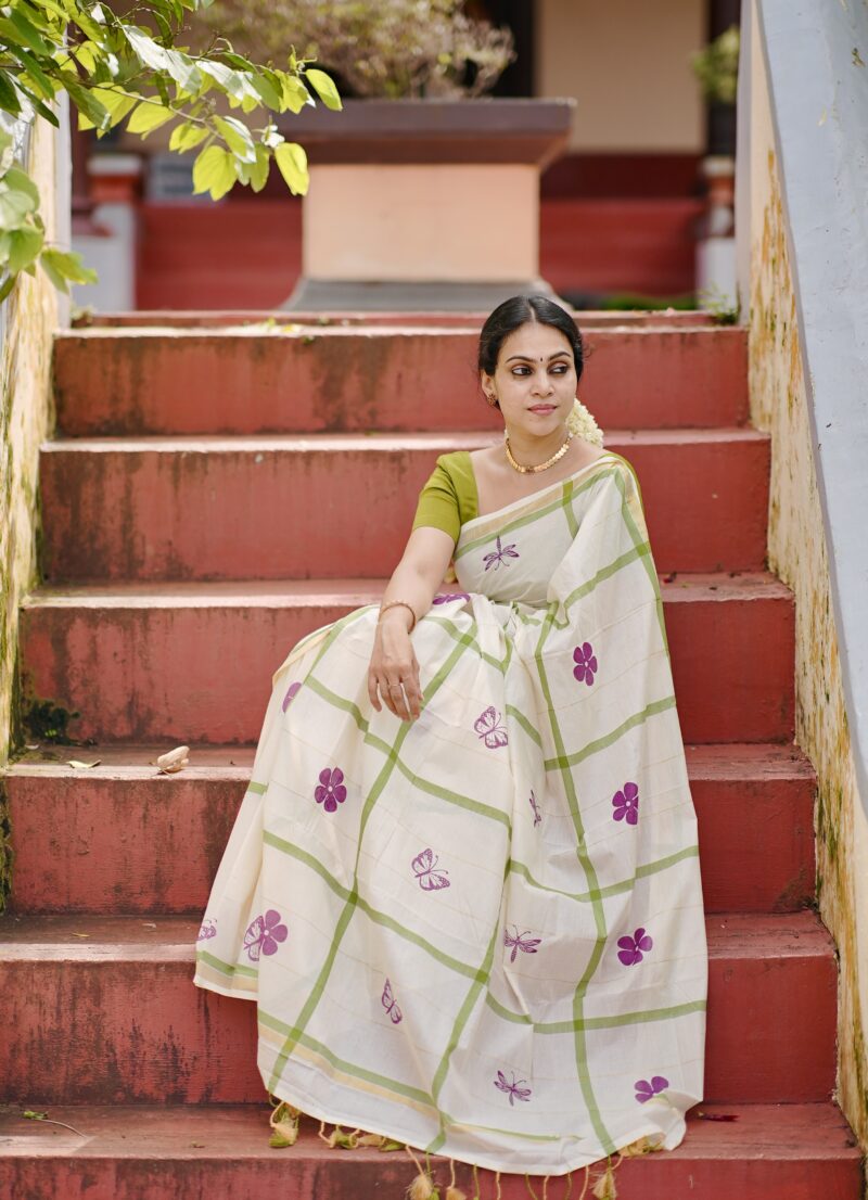 Kerala Kasavu Green Cotton Saree