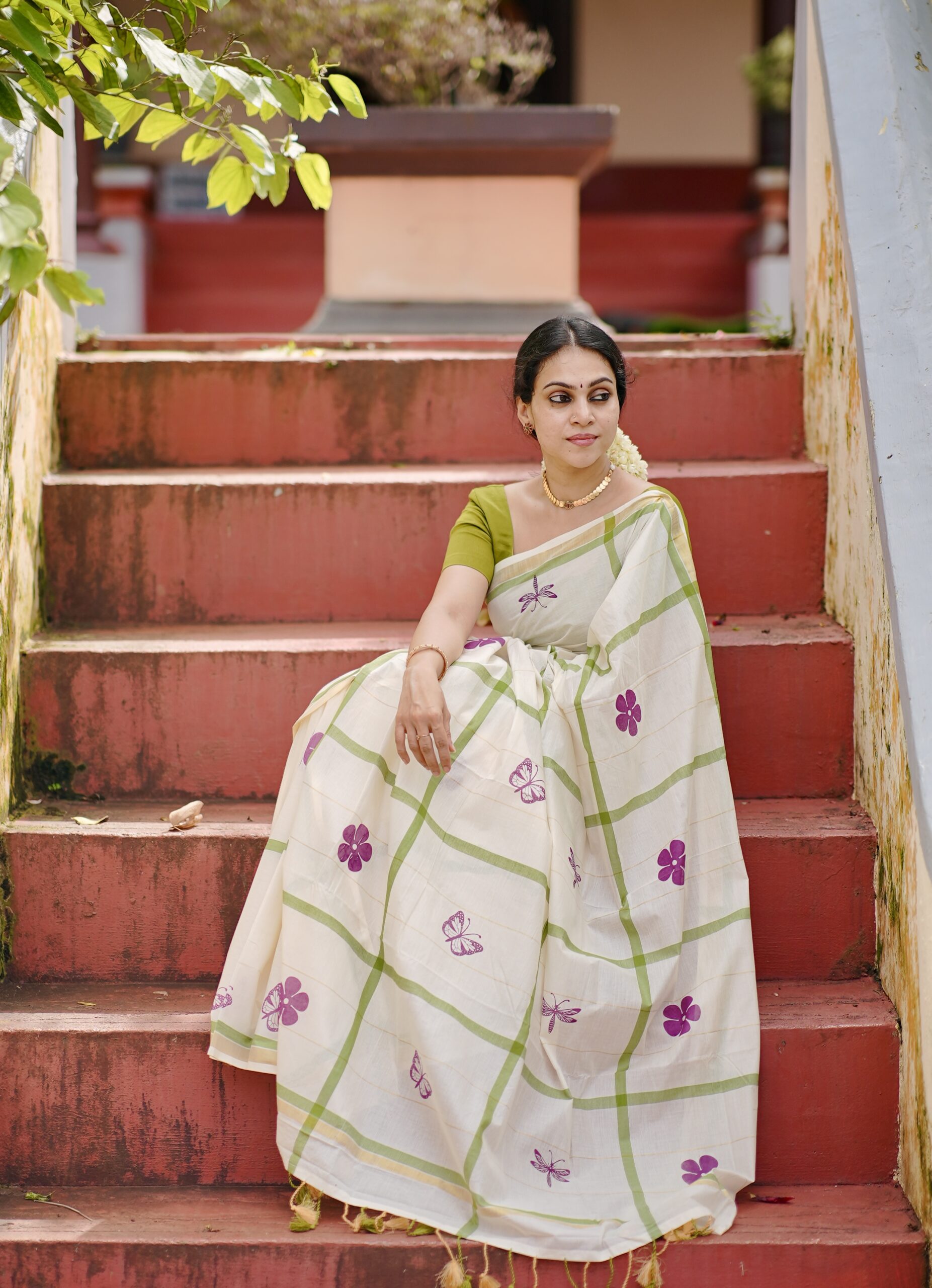 Kerala Kasavu Green Cotton Saree